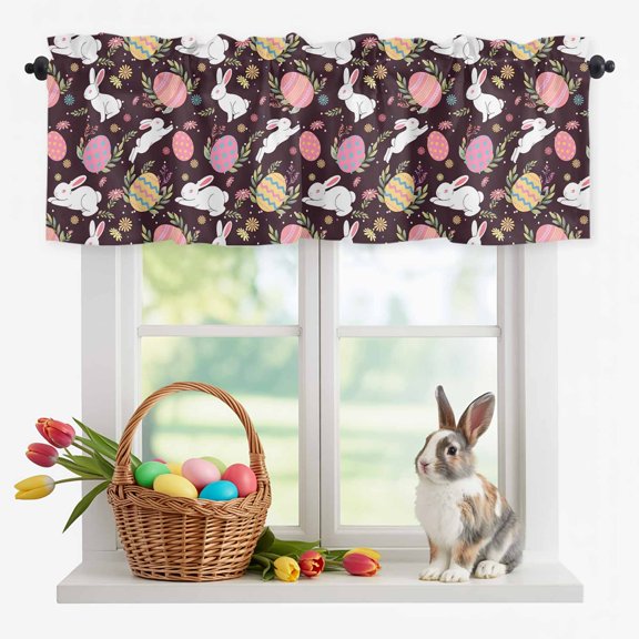 Valance Curtains for Kitchen Windows Easter Egg Bunny Country Herb Rod Pocket Valance Farmhouse Rabbit on Black Short Window Curtain Topper for Bedroom Living Room Bathroom 42x12in,1&nbsp;Panel