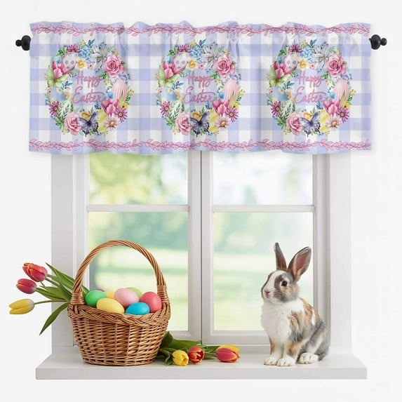 Valance Curtains for Kitchen Windows Easter Egg Flower Butterfly Rod Pocket Valance Spring Plant Purple Buffalo Plaid Short Window Curtain Topper for Bedroom Living Room Bathroom 54x18in,1 Panel