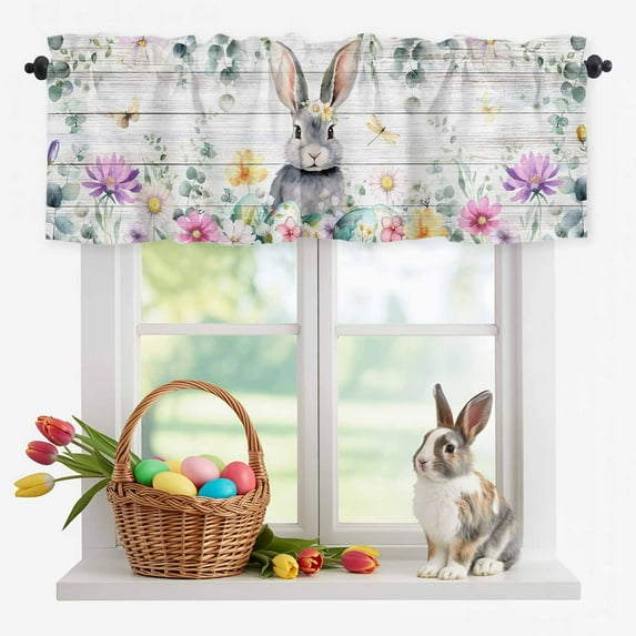 Valance Curtains for Kitchen Windows Easter Floral Rabbit Eucalyptus Leaves Rod Pocket Valance Green Eggs on Wooden Short Window Curtain Topper for Bedroom Living Room Bathroom 42x12in,1 Panel
