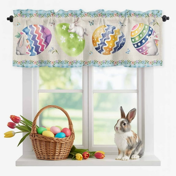 Valance Curtains for Kitchen Windows Easter Rabbit Egg Flower Butterfly Rod Pocket Valance Retro Linen Blue Checkered Short Window Curtain Topper for Bedroom Living Room Bathroom 42x12in,1 Panel