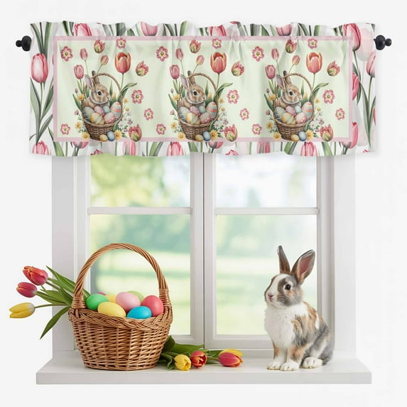 Valance Curtains for Kitchen Windows Easter Watercolor Egg Cute Rabbit Rod Pocket Valance Spring Tulip Floral Leaves Short Window Curtain Topper for Bedroom Living Room Bathroom 42x12in,1 Panel
