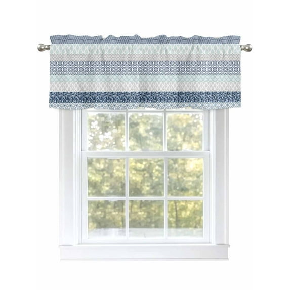 Valance Curtains for Kitchen Windows Ethnic Blue Stripes Abstract GeometricRod Pocket Valance Damask Flower Boho StyleShort Window Curtain Topper for Bedroom Living Room Bathroom 54x18in,1 Panel