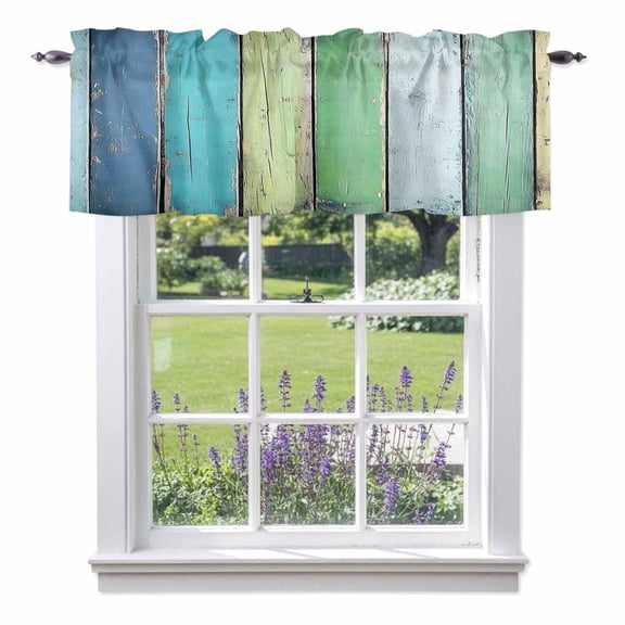 Valance Curtains for Kitchen Windows Farm Green Wood Board Rod Pocket Valance Farmhouse Retro Wooden Plank Short Window Curtain Topper for Bedroom Living Room Bathroom 42x12in, 1&nbsp;Pack