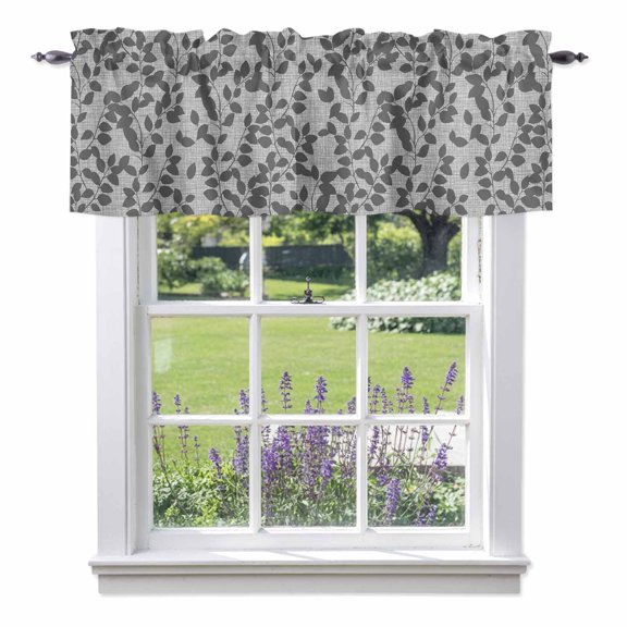 Valance Curtains for Kitchen Windows Gray Overlay Leaves Seamless Rod Pocket Valance Abstract Leaf and Stripes Short Window Curtain Topper for Bedroom Living Room Bathroom 54x18in, 1 Pack