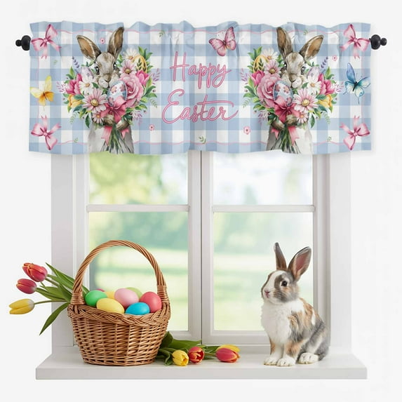 Valance Curtains for Kitchen Windows Happy Easter Bunny Rod Pocket Valance Farm Flowers Blue Plaid Butterflies Short Window Curtain Topper for Bedroom Living Room Bathroom 54x18in,1 Panel