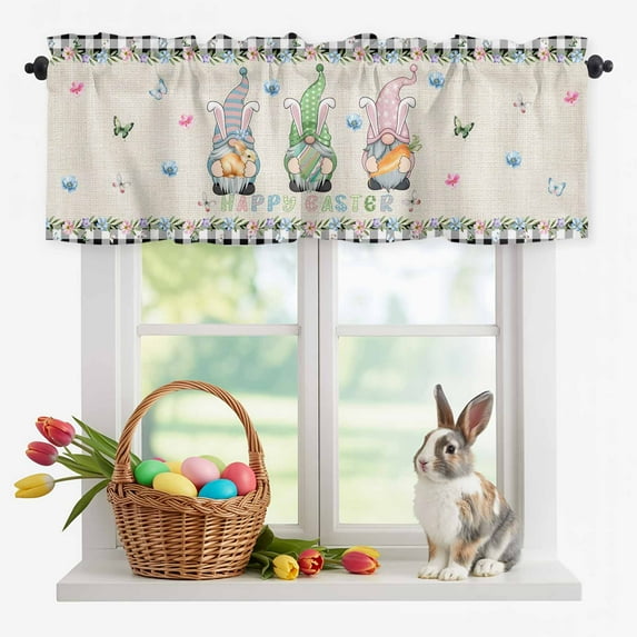 Valance Curtains for Kitchen Windows Happy Easter Rabbits Dwarfs Rod Pocket Valance Eggs on Linen Short Window Curtain Topper for Bedroom Living Room Bathroom 42x12in,1 Panel