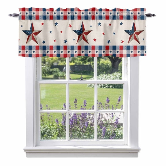Valance Curtains for Kitchen Windows Independence Day Flag Star on Cotton Rod Pocket Valance Buffalo Plaid Border Short Window Curtain Topper for Bedroom Living Room Bathroom 42x12in, 1 Pack