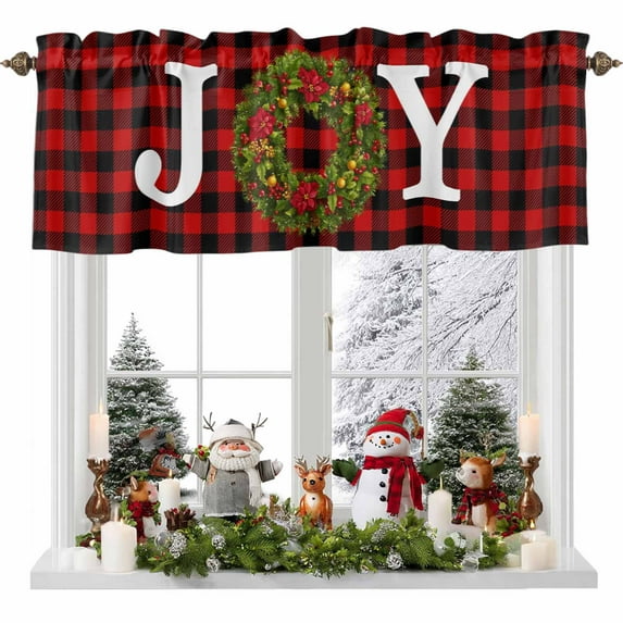 Valance Curtains for Kitchen Windows Joy Words on Red Black PlaidRod Pocket Valance Xmas Red Country FlowersShort Window Curtain Topper for Bedroom Living Room Bathroom 54x18in