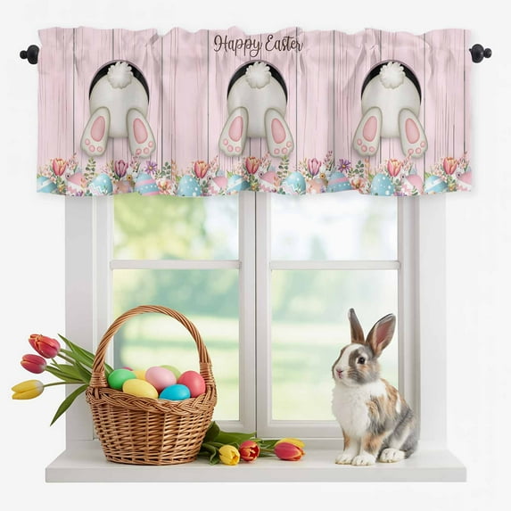 Valance Curtains for Kitchen Windows Lovely Rabbit Butt on Pink Wood Board Rod Pocket Valance Happy Easter Eggs Short Window Curtain Topper for Bedroom Living Room Bathroom 42x12in,1 Panel