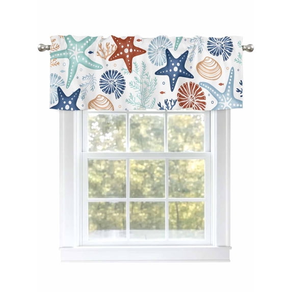 Valance Curtains for Kitchen Windows Marine Starfish Shell Coral on WhiteRod Pocket Valance Abstract Ocean Life on White Short Window Curtain Topper for Bedroom Living Room Bathroom 42x12in