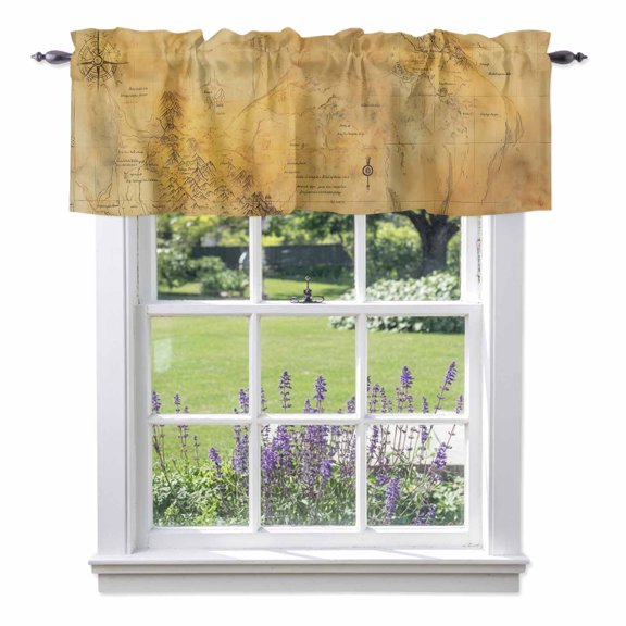 Valance Curtains for Kitchen Windows Medieval Earth Map on Retro Rod Pocket Valance Modern Abstract Mountain Short Window Curtain Topper for Bedroom Living Room Bathroom 42x12in, 1&nbsp;Pack