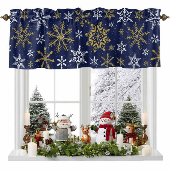 Valance Curtains for Kitchen Windows Merry Chrismas Golden SnowflakesRod Pocket Valance Winter Snow Blue BackShort Window Curtain Topper for Bedroom Living Room Bathroom 54x18in