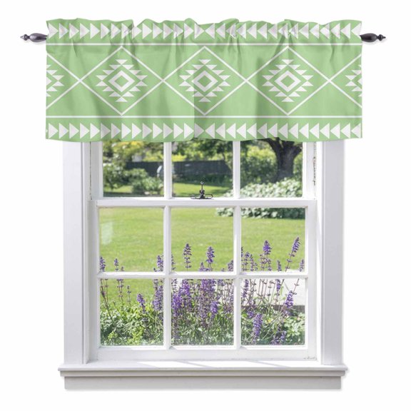 Valance Curtains for Kitchen Windows Modern Green White Geometric Art Rod Pocket Valance Ethnic Tribal Triangle Short Window Curtain Topper for Bedroom Living Room Bathroom 42x12in, 1 Pack