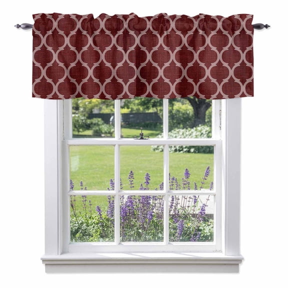 Valance Curtains for Kitchen Windows Moroccan Red Geometric Lattice Rod Pocket Valance Retro Medieval Pattern Short Window Curtain Topper for Bedroom Living Room Bathroom 42x12in, 1 Pack
