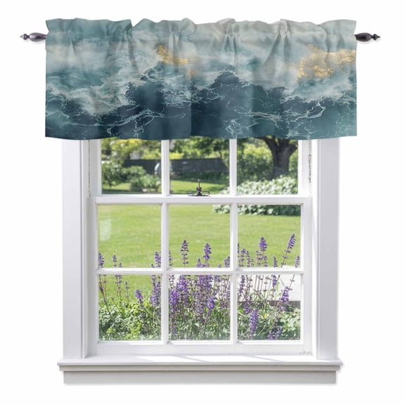 Valance Curtains for Kitchen Windows Navy Blue Light Ocean Waves Rod Pocket Valance Abstract Turquoise Layers Short Window Curtain Topper for Bedroom Living Room Bathroom 42x12in, 1&nbsp;Pack
