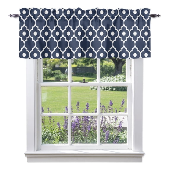 Valance Curtains for Kitchen Windows Navy Blue Trellis Print Rod Pocket Valance Morocco Geometric Pearl Style Short Window Curtain Topper for Bedroom Living Room Bathroom 42x12in, 1&nbsp;Pack