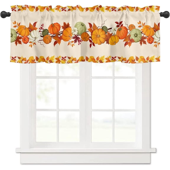 Valance Curtains for Kitchen Windows Pumpkin Thanksgiving Autumn Leaf Window Valances Rustic Orange Window Treatment Rod Pocket Valance for Bedroom Bathroom Laundry Room 54x18 inch, 1 Panel