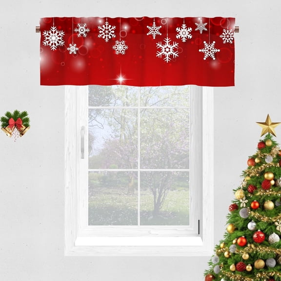 Valance Curtains for Kitchen Windows, Red Sparkle Snowflake Christmas Velvet Window Valances, Winter Window Treatment Rod Pocket Valance for Bedroom Bathroom Cafe Room 52x18 inch