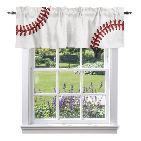 Valance Curtains for Kitchen Windows Red White Baseball Stitching Texture Rod Pocket Valance Sport Theme Short Window Curtain Topper for Bedroom Living Room Bathroom 54x18in, 1 Pack