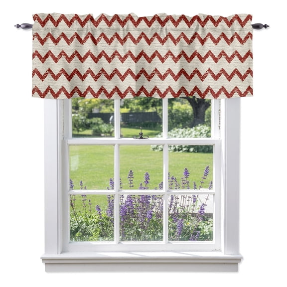 Valance Curtains for Kitchen Windows Red Zigzag Stripes Rod Pocket Valance Off White Linen Texture Background Short Window Curtain Topper for Bedroom Living Room Bathroom 42x12in, 1 Pack