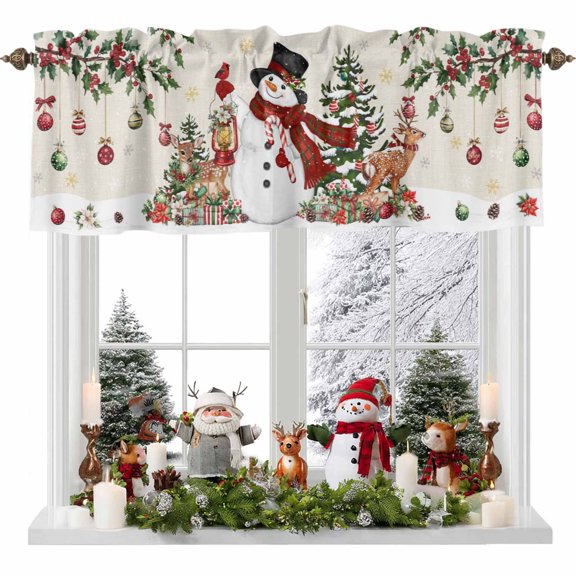 Valance Curtains for Kitchen Windows Retro Christmas Trees Snowman ElkRod Pocket Valance Xmas Balls on LinenShort Window Curtain Topper for Bedroom Living Room Bathroom 42x12in