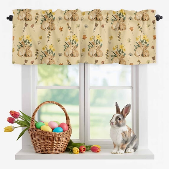 Valance Curtains for Kitchen Windows Retro Easter Rabbits Yellow Flower Rod Pocket Valance Watercolor Plant Short Window Curtain Topper for Bedroom Living Room Bathroom 42x12in,1&nbsp;Panel