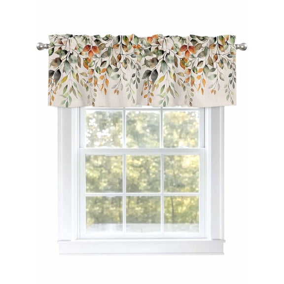 Valance Curtains for Kitchen Windows Sage Green Eucalyptus Orange GradientRod Pocket Valance Fall Leaves Vintage Linen Short Window Curtain Topper for Bedroom Living Room Bathroom 54x18in