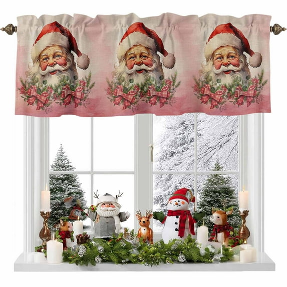 Valance Curtains for Kitchen Windows Santa Claus Red Christmas Hat Bow LeavesRod Pocket Valance Pink Gradient Retro LinenShort Window Curtain Topper for Bedroom Living Room Bathroom 42x12in