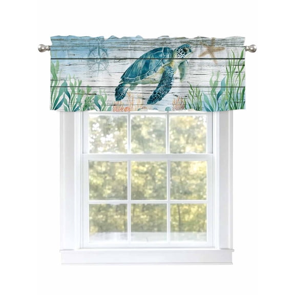Valance Curtains for Kitchen Windows Sea Turtle Seagrass StarfishRod Pocket Valance Nautical Compass Blue GradientShort Window Curtain Topper for Bedroom Living Room Bathroom 42x12in,1&nbsp;Panel