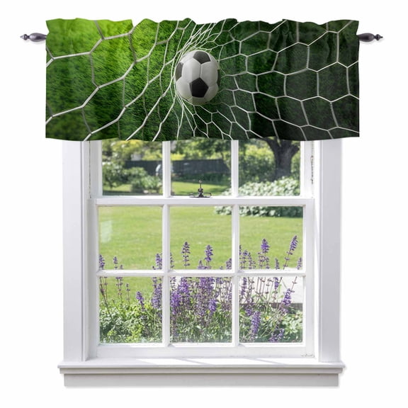 Valance Curtains for Kitchen Windows Sports Soccer Ball Rod Pocket Valance Goal Net Green Grass Short Window Curtain Topper for Bedroom Living Room Bathroom 54x18in, 1 Pack