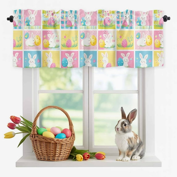 Valance Curtains for Kitchen Windows Spring Easter Eggs White Rabbit Rod Pocket Valance Cute Bunny Colorful Checker Short Window Curtain Topper for Bedroom Living Room Bathroom 42x12in,1 Panel