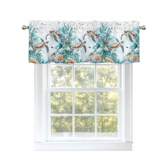 Valance Curtains for Kitchen Windows Summer Sea Turtle Coral SeaweedRod Pocket Valance Fish Underwater WorldShort Window Curtain Topper for Bedroom Living Room Bathroom 42x12in,1 Panel