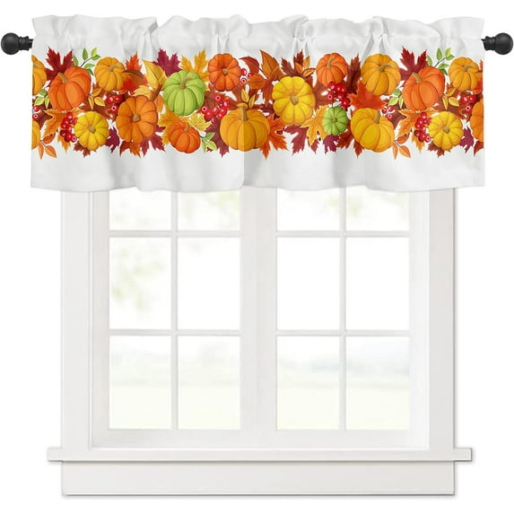 Valance Curtains for Kitchen Windows Thanksgiving Pumpkin Maple Leaf Window Valances Fall Harvest Window Treatment Rod Pocket Valance for Bedroom Bathroom Laundry Room 54x18 inch, 1 Panel