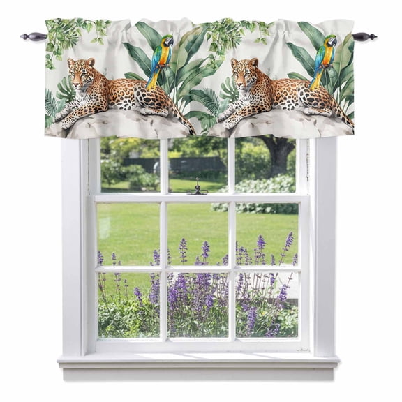 Valance Curtains for Kitchen Windows Tiger Turtle Leaf Tropical Plant Rod Pocket Valance Animal Leopard Print Short Window Curtain Topper for Bedroom Living Room Bathroom 42x12in, 1&nbsp;Pack