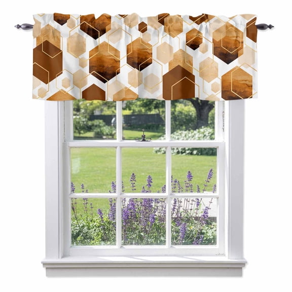 Valance Curtains for Kitchen Windows Watercolor Orange Hexagon Rod Pocket Valance Abstract Geometric Art Short Window Curtain Topper for Bedroom Living Room Bathroom 54x18in, 1&nbsp;Pack
