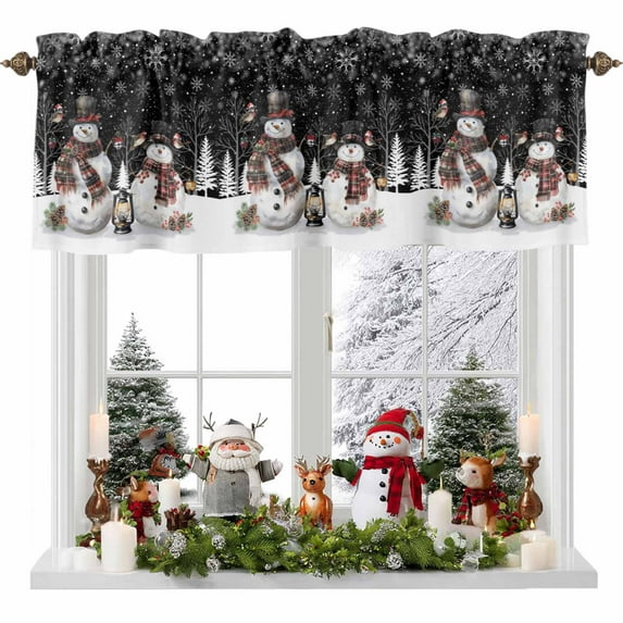 Valance Curtains for Kitchen Windows Winter Happy SnowmenRod Pocket Valance Pine Fruit Snowflakes on BlackShort Window Curtain Topper for Bedroom Living Room Bathroom 54x18in