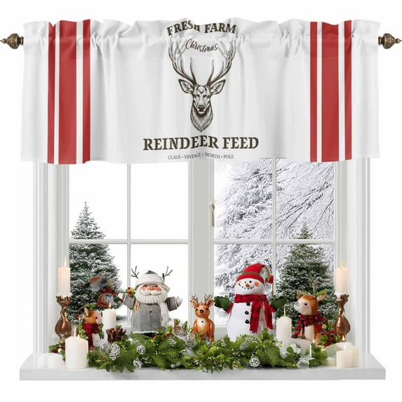 Valance Curtains for Kitchen Windows Winter Vintage Reindeer FeedRod Pocket Valance White Red StripeShort Window Curtain Topper for Bedroom Living Room Bathroom 42x12in