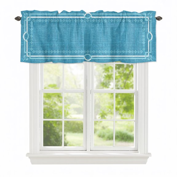 Valance Curtains for Windows Azure Linen Border Kitchen Curtians Window Treatment Floral Lines Frame Topper Curtain Rod Pocket Valances for Kitchen Bathroom Living Room 42x12in