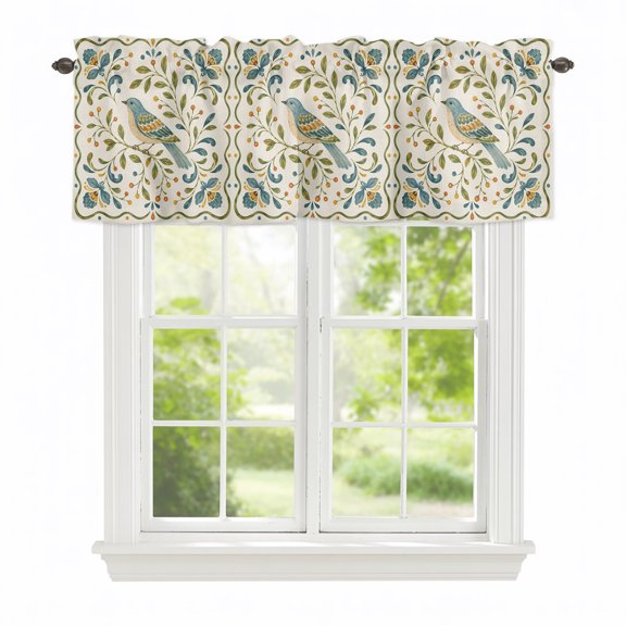 Valance Curtains for Windows Bird Branches Kitchen Curtians Window Treatment Green Leaves Frame Topper Curtain Rod Pocket Valances for Kitchen Bathroom Living Room 42x12in