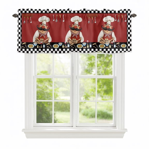 Valance Curtains for Windows Bistro Cooking Chef Kitchen Curtians Window Treatment Funny Kitchen Wine Black Plaid Topper Curtain Rod Pocket Valances for Kitchen Bathroom Living Room 42x12in