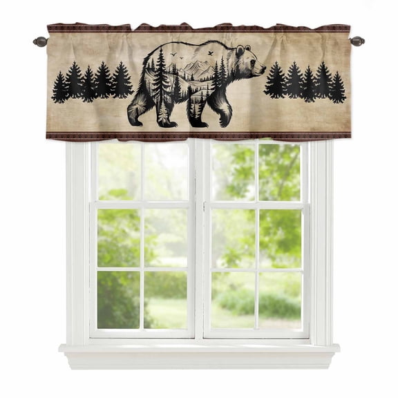 Valance Curtains for Windows Black Bear Pine Tree Silhouettes Kitchen Curtians Window Treatment Vintage Rustic Forest Topper Curtain Rod Pocket Valances for Kitchen Bathroom Living Room 42x12in