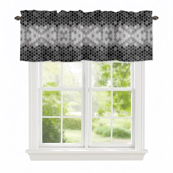 Valance Curtains for Windows Black Honeycomb Grid Kitchen Curtians Window Treatment Gradient Hexagonal Cells Topper Curtain Rod Pocket Valances for Kitchen Bathroom Living Room 42x12in