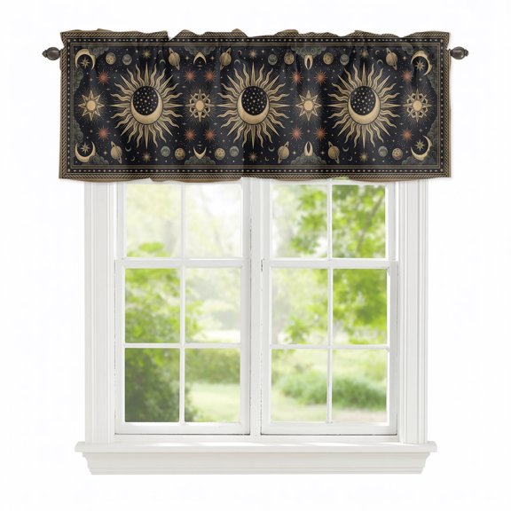 Valance Curtains for Windows Black Mystical Star Moon Kitchen Curtians Window Treatment Celestial Galaxy Cosmic Topper Curtain Rod Pocket Valances for Kitchen Bathroom Living Room 42x12in