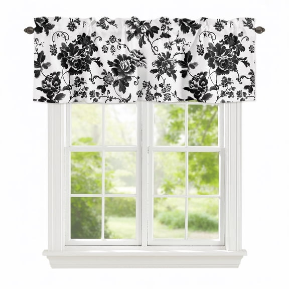 Valance Curtains for Windows Black Peony Flower Kitchen Curtians Window Treatment Floral Bloom Vines Topper Curtain Rod Pocket Valances for Kitchen Bathroom Living Room 54x18in