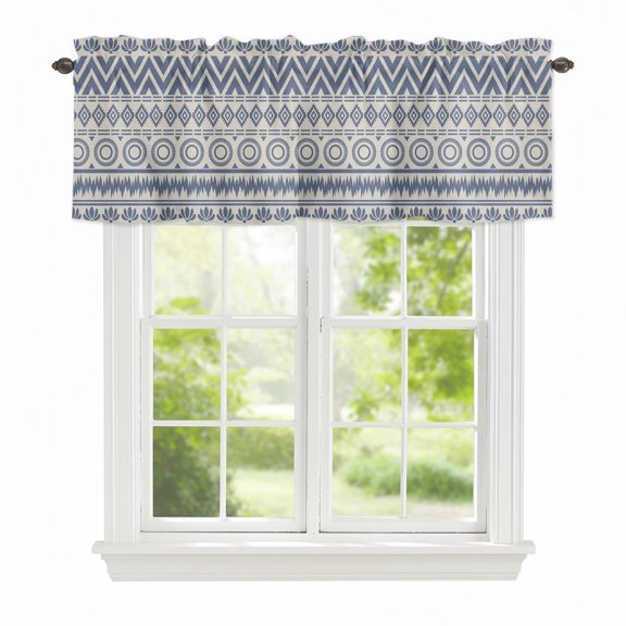 Valance Curtains for Windows Blue Boho Diamonds Kitchen Curtians Window Treatment Bohemian Tribal Zigzags Circles Topper Curtain Rod Pocket Valances for Kitchen Bathroom Living Room 42x12in