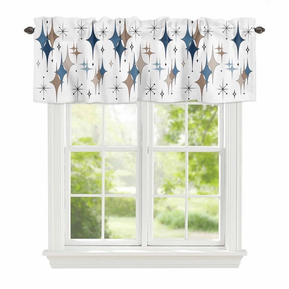 Valance Curtains for Windows Blue Brown Diamond Kitchen Curtians Window Treatment Modern Geometric Mid Century Topper Curtain Rod Pocket Valances for Kitchen Bathroom Living Room 42x12in