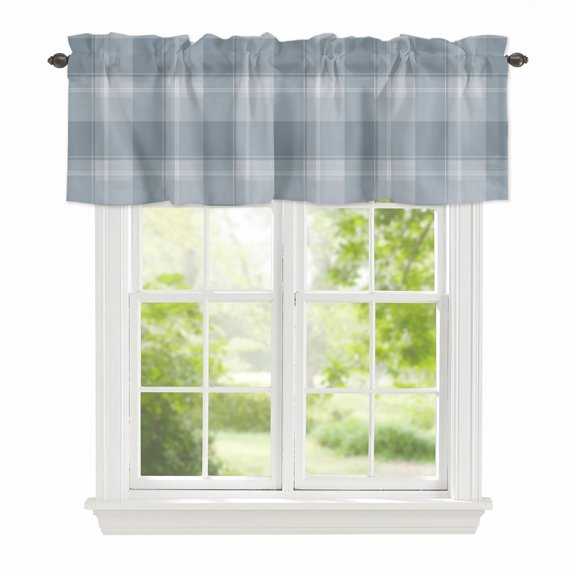 Valance Curtains for Windows Blue Checked Buffalo Plaid Kitchen Curtians Window Treatment Misty Blocks Lines Topper Curtain Rod Pocket Valances for Kitchen Bathroom Living Room 42x12in
