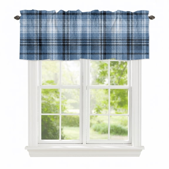 Valance Curtains for Windows Blue Checked Plaid Kitchen Curtians Window Treatment Stripes Woven Grid Topper Curtain Rod Pocket Valances for Kitchen Bathroom Living Room 42x12in