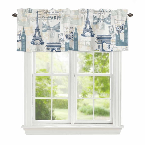 Valance Curtains for Windows Blue Eiffel Tower Kitchen Curtians Window Treatment France Paris Travel Landscape Topper Curtain Rod Pocket Valances for Kitchen Bathroom Living Room 42x12in