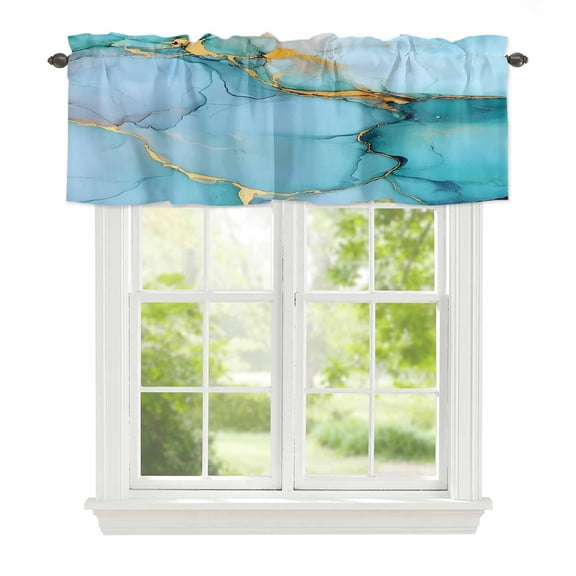 Valance Curtains for Windows Blue Gold Marble Kitchen Curtians Window Treatment Modern Simple Abstract Topper Curtain Rod Pocket Valances for Kitchen Bathroom Living Room 60x18in